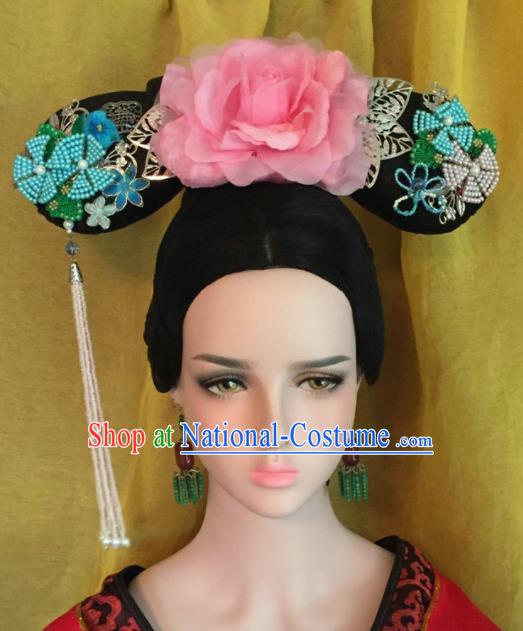 Traditional Chinese Qing Dynasty Imperial Consort Pink Peony Headwear Ancient Manchu Lady Hair Accessories for Women