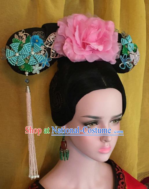 Traditional Chinese Qing Dynasty Imperial Consort Pink Peony Headwear Ancient Manchu Lady Hair Accessories for Women