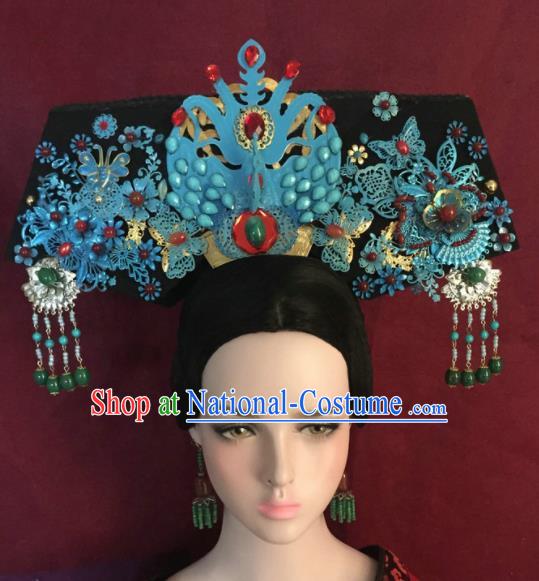 Traditional Chinese Qing Dynasty Imperial Consort Blue Headwear Ancient Manchu Lady Hair Accessories for Women