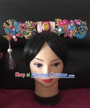 Traditional Chinese Qing Dynasty Princess Purple Tassel Headwear Ancient Manchu Lady Hair Accessories for Women