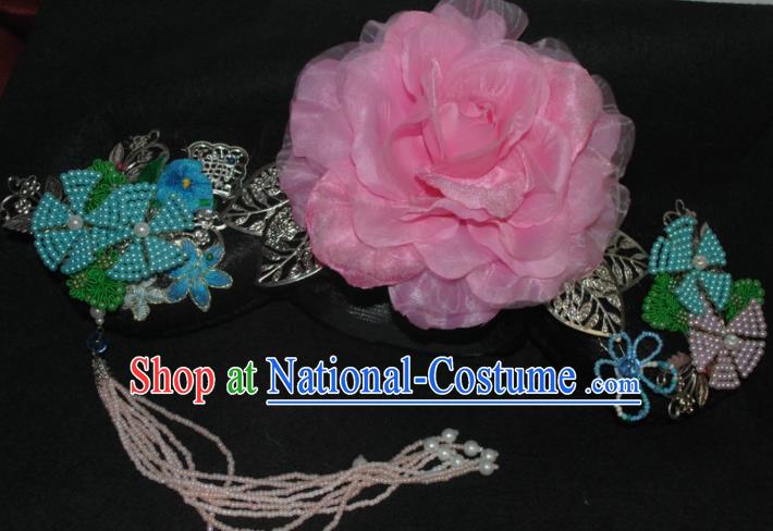 Traditional Chinese Qing Dynasty Princess Pink Peony Tassel Headwear Ancient Manchu Lady Hair Accessories for Women