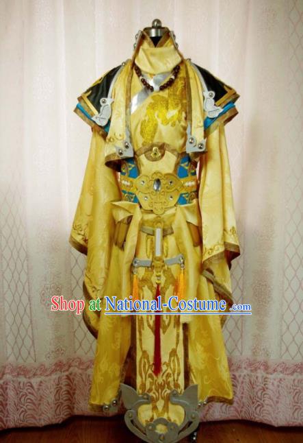 Traditional Chinese Cosplay Royal Highness Yellow Clothing Ancient Swordsman Embroidered Costume for Men