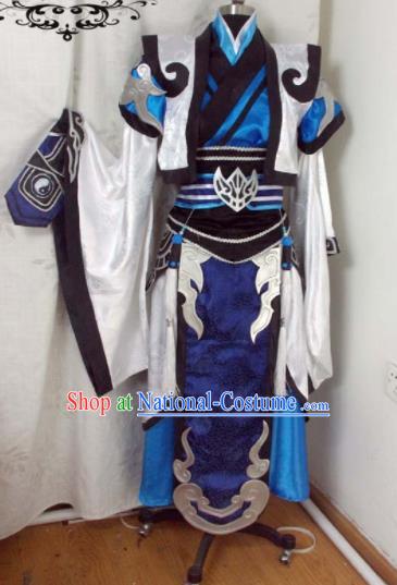 Traditional Chinese Cosplay Royal Highness Blue Clothing Ancient Swordsman Embroidered Costume for Men