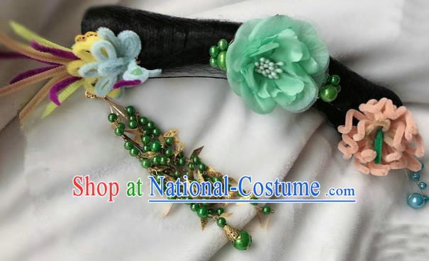 Traditional Chinese Qing Dynasty Imperial Consort Green Peony Tassel Headwear Ancient Palace Manchu Hair Accessories for Women