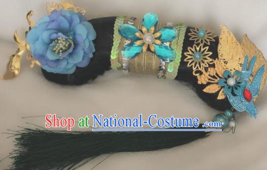 Traditional Chinese Qing Dynasty Imperial Consort Blue Peony Tassel Headwear Ancient Palace Manchu Hair Accessories for Women