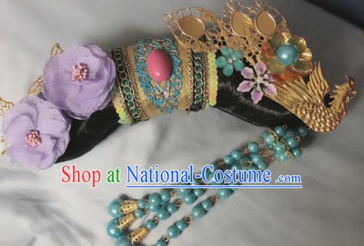 Traditional Chinese Qing Dynasty Imperial Consort Purple Peony Tassel Headwear Ancient Palace Manchu Hair Accessories for Women