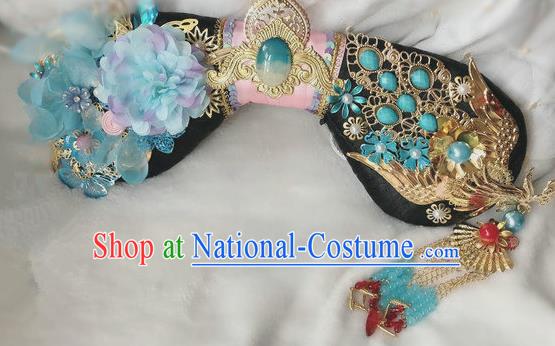 Traditional Chinese Qing Dynasty Imperial Consort Blue Peony Headwear Ancient Palace Manchu Hair Accessories for Women