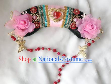 Traditional Chinese Qing Dynasty Imperial Consort Pink Peony Headwear Ancient Palace Manchu Hair Accessories for Women