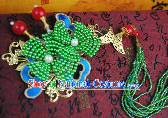 Traditional Chinese Qing Dynasty Green Beads Tassel Hairpins Handmade Ancient Manchu Lady Hair Accessories for Women