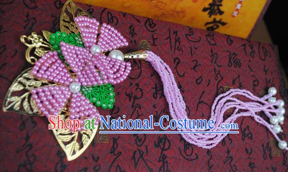 Traditional Chinese Qing Dynasty Pink Beads Tassel Hairpins Handmade Ancient Manchu Lady Hair Accessories for Women