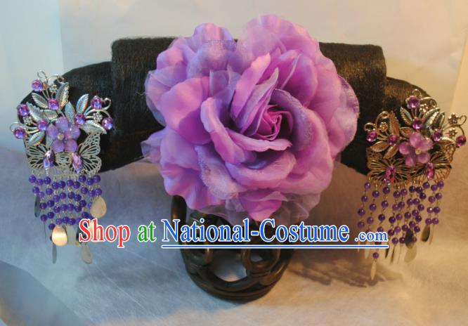 Traditional Chinese Qing Dynasty Manchu Princess Purple Peony Headwear Ancient Palace Lady Hair Accessories for Women