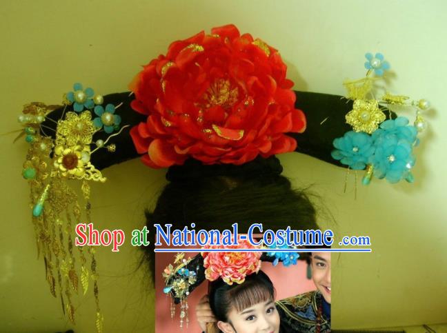 Chinese Traditional Qing Dynasty Princess Red Peony Headwear Ancient Palace Lady Hair Accessories for Women