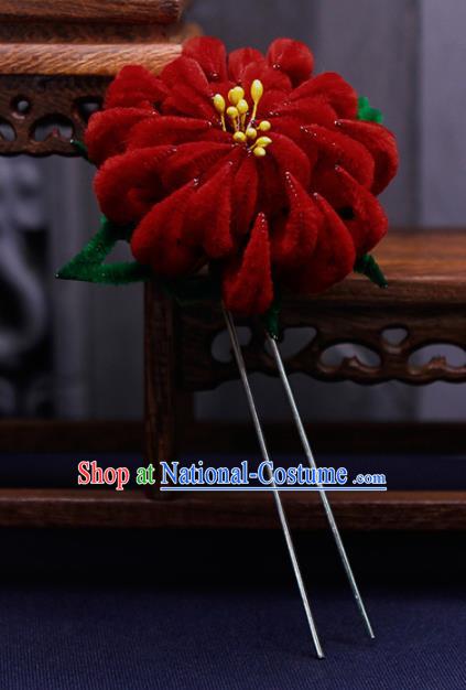 Traditional Chinese Handmade Qing Dynasty Red Velvet Chrysanthemum Hairpins Ancient Imperial Consort Hair Accessories for Women