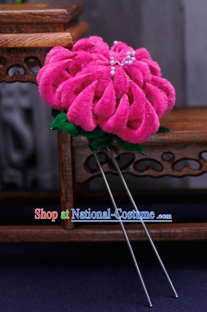 Traditional Chinese Handmade Qing Dynasty Rosy Velvet Chrysanthemum Hairpins Ancient Imperial Consort Hair Accessories for Women