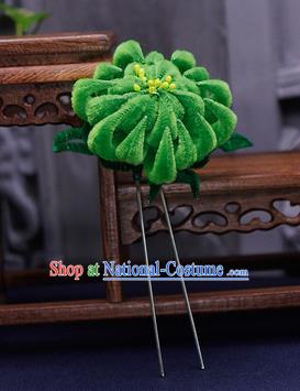 Traditional Chinese Handmade Qing Dynasty Green Velvet Chrysanthemum Hairpins Ancient Imperial Consort Hair Accessories for Women