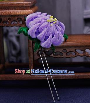 Traditional Chinese Handmade Qing Dynasty Purple Velvet Chrysanthemum Hairpins Ancient Imperial Consort Hair Accessories for Women