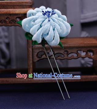 Traditional Chinese Handmade Qing Dynasty Blue Velvet Chrysanthemum Hairpins Ancient Imperial Consort Hair Accessories for Women