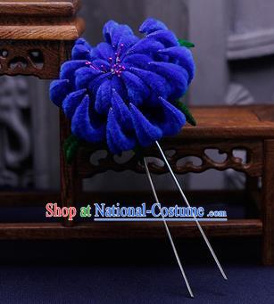 Traditional Chinese Handmade Qing Dynasty Royalblue Velvet Chrysanthemum Hairpins Ancient Imperial Consort Hair Accessories for Women