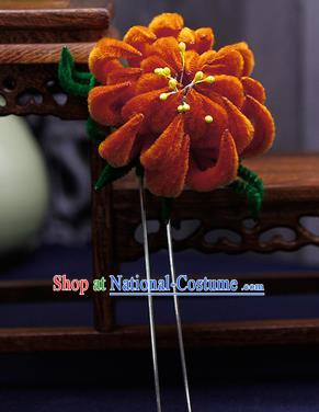 Traditional Chinese Handmade Qing Dynasty Orange Velvet Chrysanthemum Hairpins Ancient Imperial Consort Hair Accessories for Women