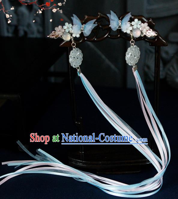 Traditional Chinese Handmade Long Ribbon Blue Butterfly Hair Claws Hairpins Ancient Princess Hair Accessories for Women