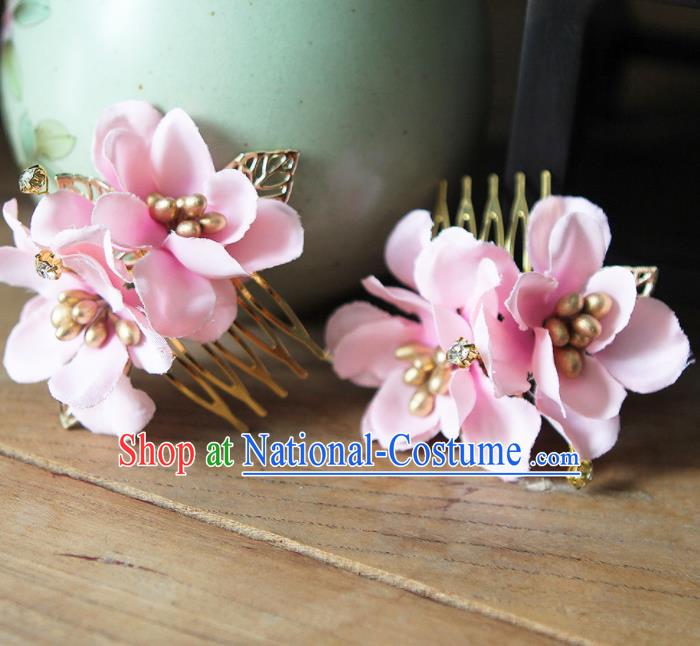 Traditional Chinese Handmade Pink Flowers Hair Combs Hairpins Ancient Princess Hair Accessories for Women