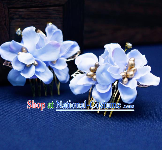 Traditional Chinese Handmade Blue Flowers Hair Combs Hairpins Ancient Princess Hair Accessories for Women