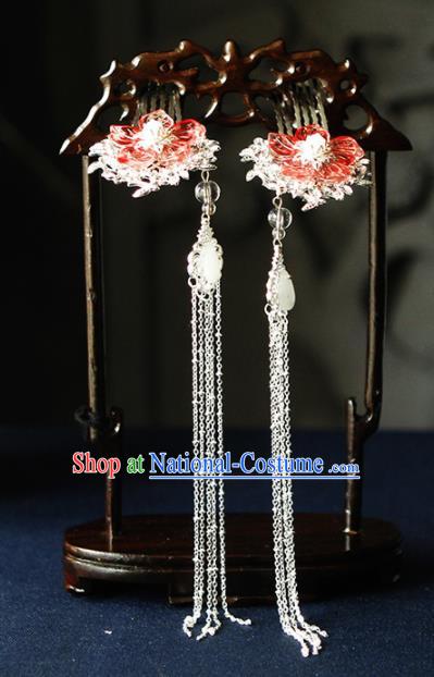 Traditional Chinese Wedding Red Flower Tassel Hair Combs Hairpins Handmade Ancient Bride Hair Accessories for Women