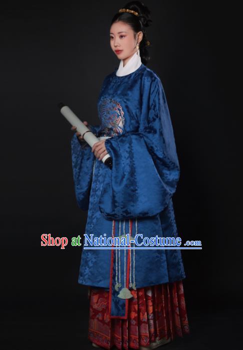 Chinese Ancient Ming Dynasty Court Dowager Navy Hanfu Dress Traditional Imperial Consort Embroidered Historical Costume for Women