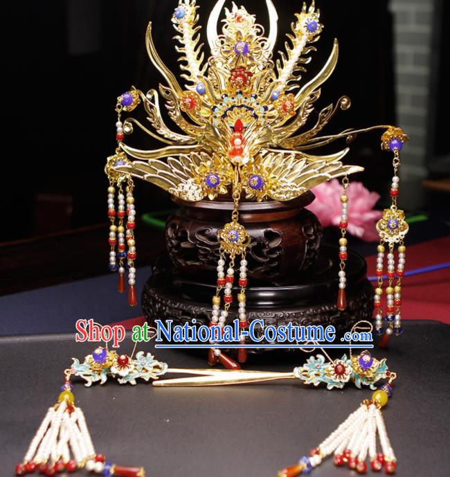 Traditional Chinese Handmade Tassel Phoenix Coronet Hairpins Ancient Queen Hair Accessories for Women