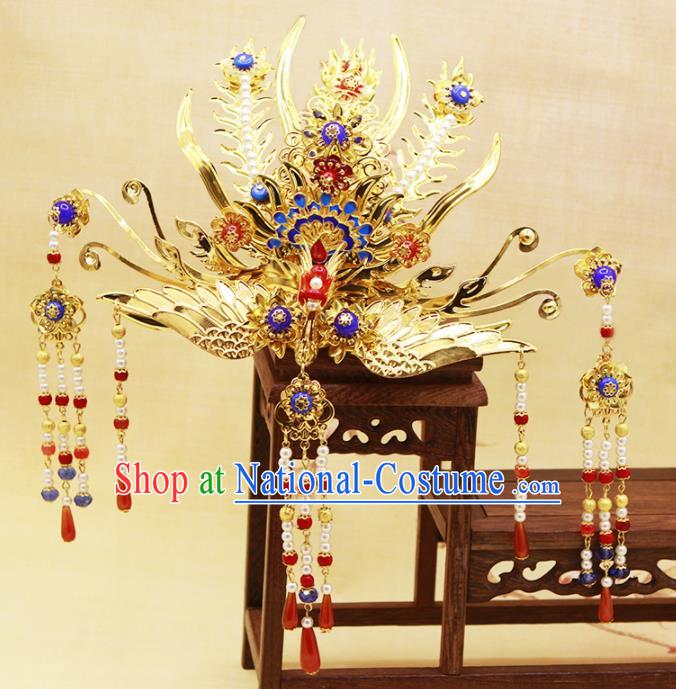 Traditional Chinese Handmade Agate Tassel Phoenix Coronet Hairpins Ancient Queen Hair Accessories for Women