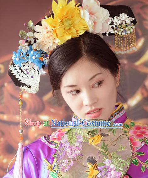 Traditional Chinese Qing Dynasty Manchu Imperial Consort Headwear Hairpins Ancient Handmade Queen Hair Accessories for Women