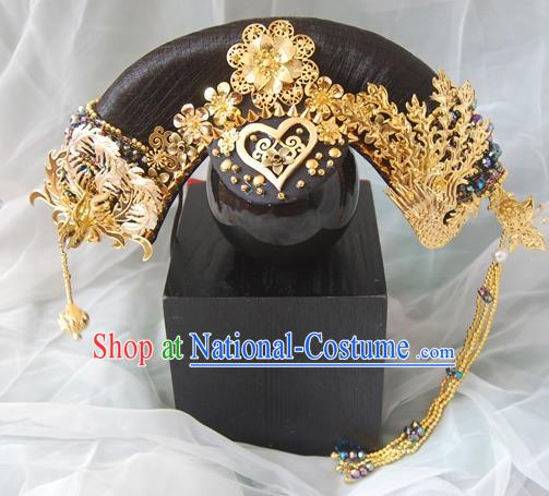 Chinese Qing Dynasty Manchu Imperial Consort Golden Phoenix Headwear Hairpins Ancient Handmade Queen Hair Accessories for Women