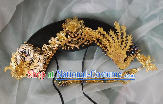 Chinese Qing Dynasty Manchu Imperial Consort Golden Phoenix Headwear Hairpins Ancient Handmade Queen Hair Accessories for Women