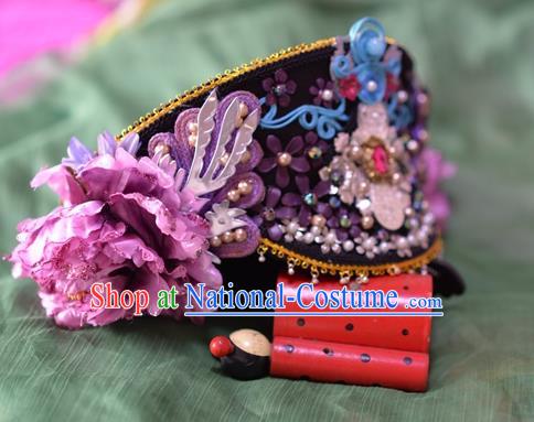 Chinese Qing Dynasty Manchu Imperial Consort Purple Peony Hat Headwear Hairpins Ancient Handmade Queen Hair Accessories for Women