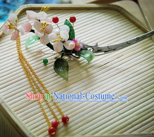 Handmade Chinese Ancient Princess Pink Peach Blossom Hairpins Tassel Hair Clip Headwear Hair Accessories for Women