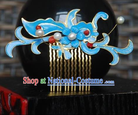 Handmade Chinese Ancient Princess Hairpins Blue Hair Comb Headwear Hair Accessories for Women