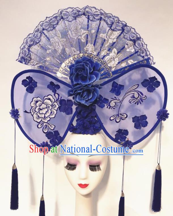 Handmade Chinese Stage Show Blue Lace Hair Clasp Hair Accessories Brazilian Carnival Catwalks Headdress for Women