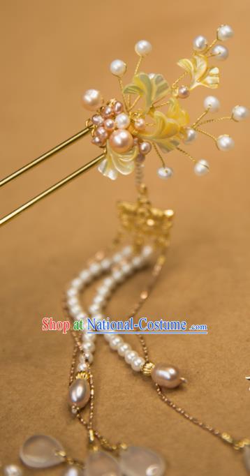 Chinese Handmade Hanfu Pearls Tassel Hairpins Ginkgo Leaf Hair Clip Traditional Ancient Princess Hair Accessories for Women