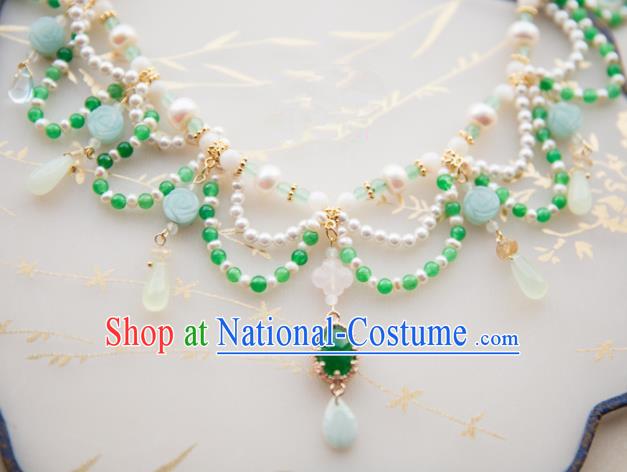 Chinese Handmade Hanfu Jade Necklace Traditional Ancient Princess Pearls Necklet Jewelry Accessories for Women