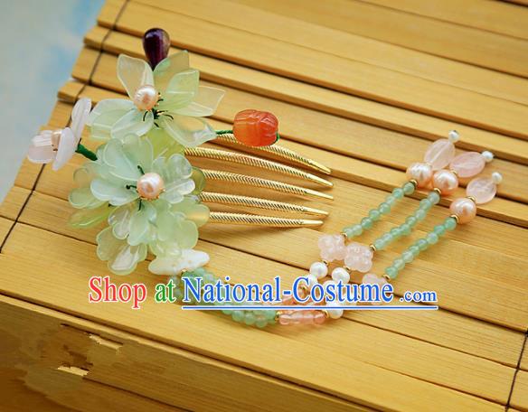 Chinese Handmade Hanfu Green Lotus Tassel Hair Comb Hairpins Traditional Ancient Princess Hair Accessories for Women