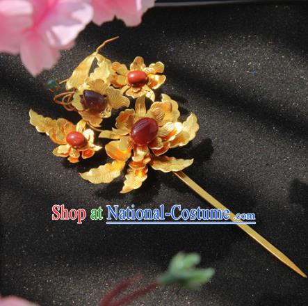 Chinese Handmade Hanfu Golden Peony Agate Hairpins Traditional Ancient Princess Hair Accessories for Women