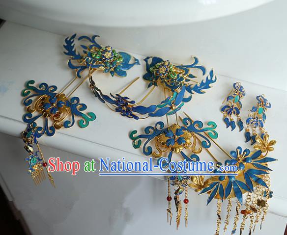 Chinese Handmade Hanfu Cloisonne Tassel Hair Crown Hairpins Traditional Ancient Princess Hair Accessories for Women