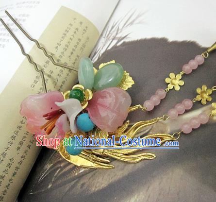 Chinese Handmade Hanfu Pink Flower Jade Hair Clip Hairpins Traditional Ancient Princess Hair Accessories for Women