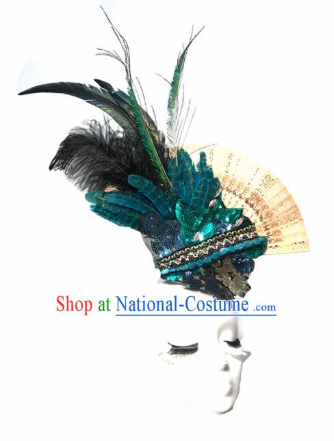 Halloween Handmade Stage Show Green Paillette Feather Hair Clasp Hair Accessories Brazilian Carnival Catwalks Headdress for Women