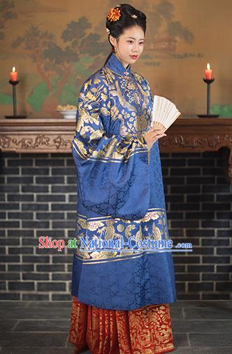 Chinese Ancient Ming Dynasty Royal Dowager Royalblue Hanfu Dress Traditional Imperial Madame Embroidered Historical Costume for Women