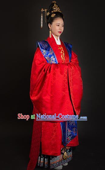 Traditional Chinese Ancient Ming Dynasty Imperial Empress Wedding Red Embroidered Historical Costume and Headpiece Complete Set