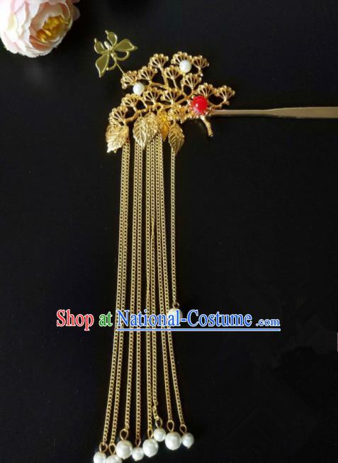 Chinese Handmade Hanfu Palace Golden Pine Hair Clip Tassel Hairpins Traditional Ancient Princess Hair Accessories for Women