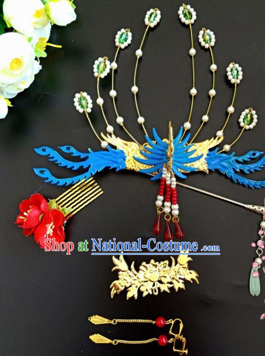 Chinese Handmade Hanfu Palace Blue Phoenix Coronet Tassel Hairpins Traditional Ancient Princess Hair Accessories for Women