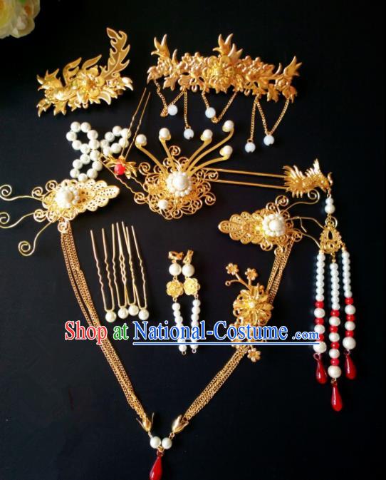 Chinese Handmade Hanfu Palace Golden Hair Comb Tassel Hairpins Traditional Ancient Princess Hair Accessories for Women