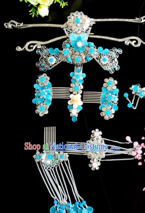 Chinese Handmade Hanfu Palace Hairpins Blue Flowers Phoenix Coronet Traditional Ancient Princess Hair Accessories for Women